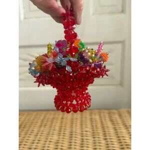 Vintage 60's Kitschy Red Safety Pin Beaded Basket With Flowers